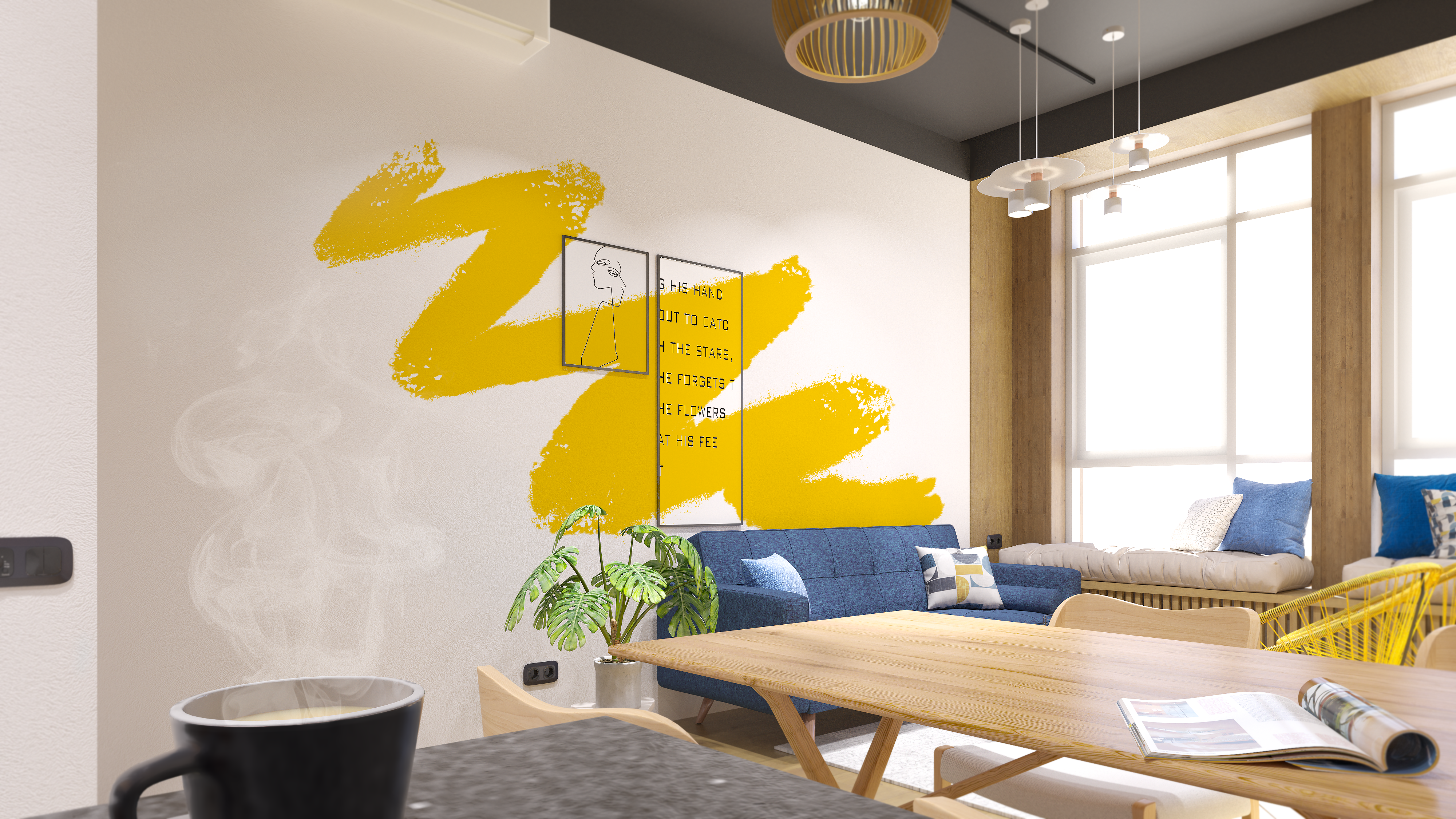 Дизайн интерьера желтый в интерьере
черный потолок
деревянные люстры
жк резиденции архитекторов
by alessandra grigoreva
синий диван в интерьере